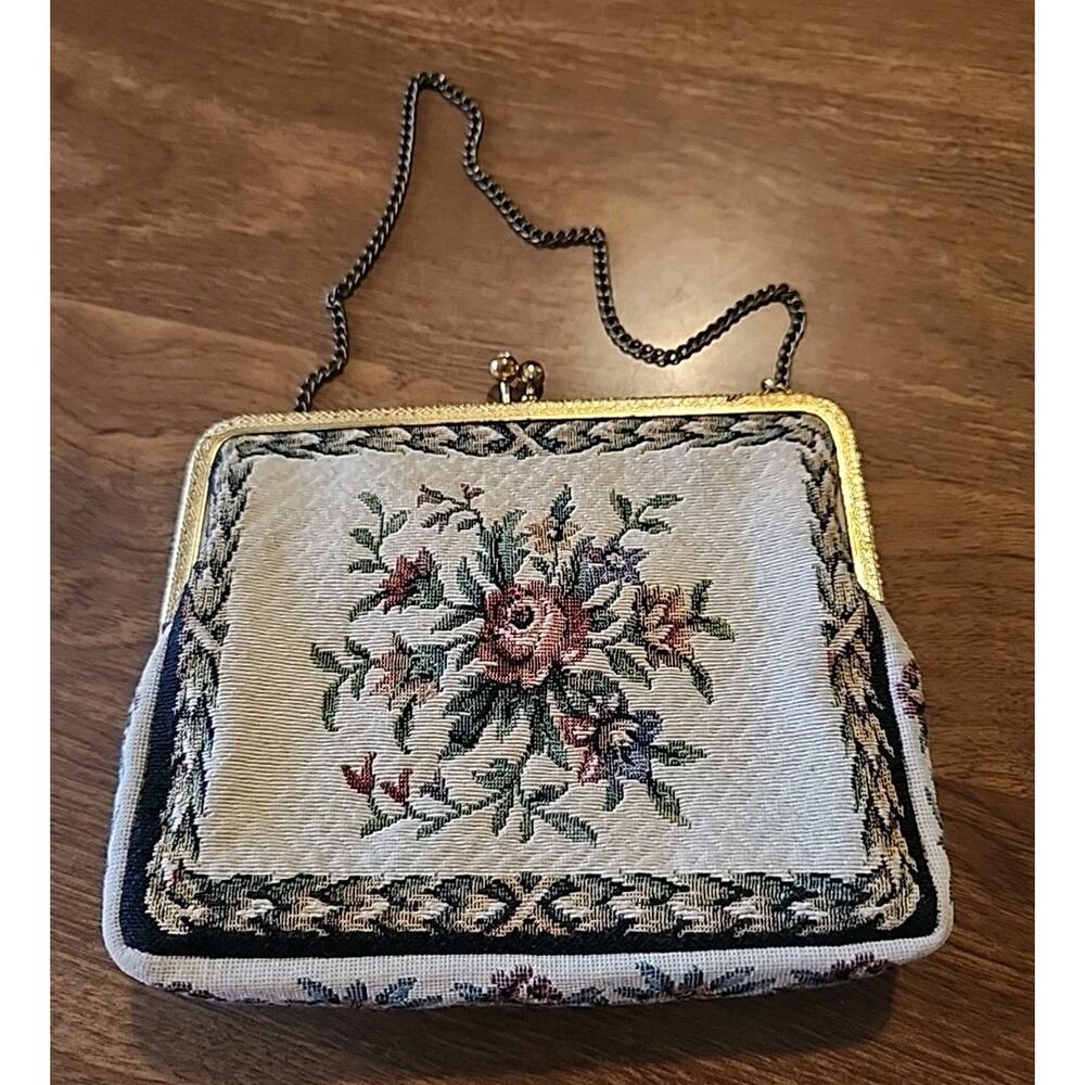 Vintage West Germany Tapestry Petit Point Floral Handbag Clutch/Purse